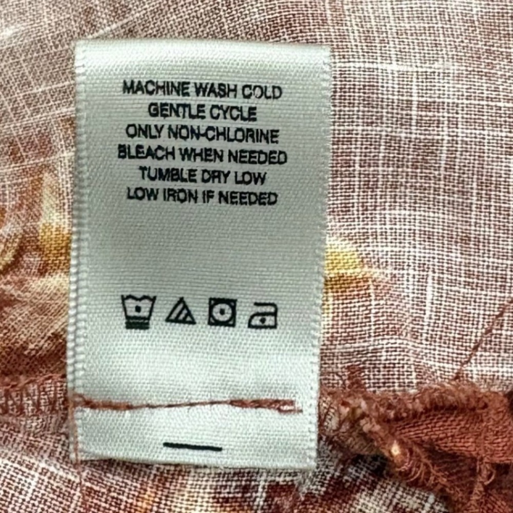 John Mark 100% Linen Button Down Shirt L Rust Orange Boho Coastal Autumn Floral - Picture 6 of 6